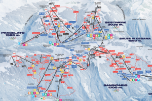 Mapa tras narciarskich z zaznaczonymi wyciągami i trasami w ośrodku Sestriere we Włoszech