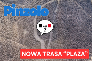 Widok z góry na ośnieżony las z wijącą się trasą narciarską w Pinzolo; na grafice widoczny napis „Pinzolo” oraz wyróżniony komunikat „NOWA TRASA ‘PLAZA’” i dymek z pytaniem „czarna czy czerwona?”.