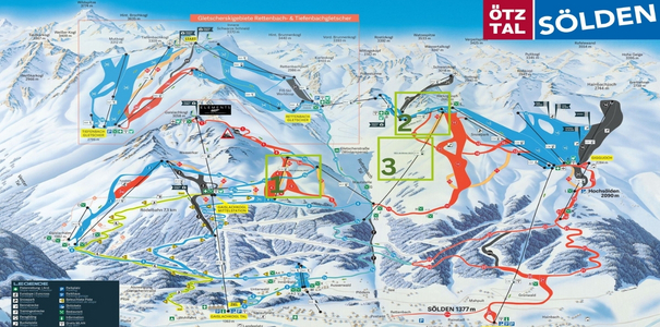 Mapa tras i wyciągów narciarskich w Soelden z zanaczonymi cyframi 1,2 i 3 nowymi wyciagami na sezon 2026/2027