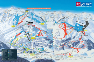 Panoramiczna mapa tras narciarskich Sölden w Ötztal (Austria) - widok obszarów Gaislachkogl, Giggijoch i lodowców Rettenbach oraz Tiefenbach z zaznaczonym nowym połączeniem pist 7 i 22, wyciągami i infrastrukturą ośrodka