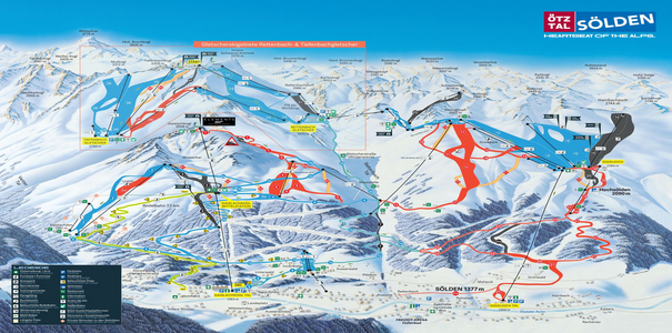 Panoramiczna mapa tras narciarskich Sölden w Ötztal (Austria) - widok obszarów Gaislachkogl, Giggijoch i lodowców Rettenbach oraz Tiefenbach z zaznaczonym nowym połączeniem pist 7 i 22, wyciągami i infrastrukturą ośrodka